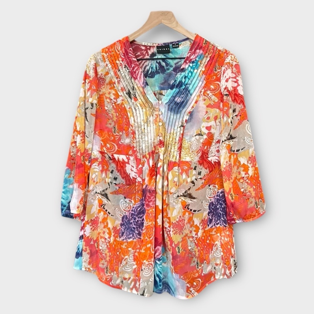 Tribal Women's Size 8 Vibrant Floral Tunic Top Pintuck Detail Lightweight Blouse - Picture 1 of 10